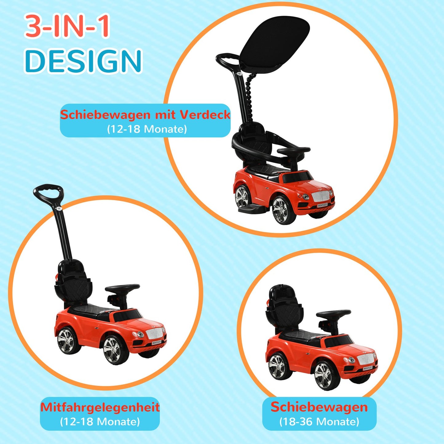 Red 3-in-1 passenger car with push bar and storage, ages 1-3