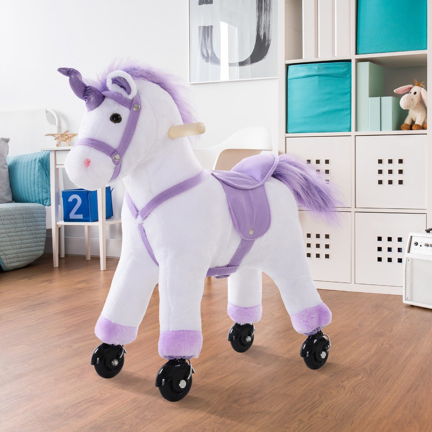 Plush riding horse on wheels, purple, neighbor sound, 55x23x60 cm