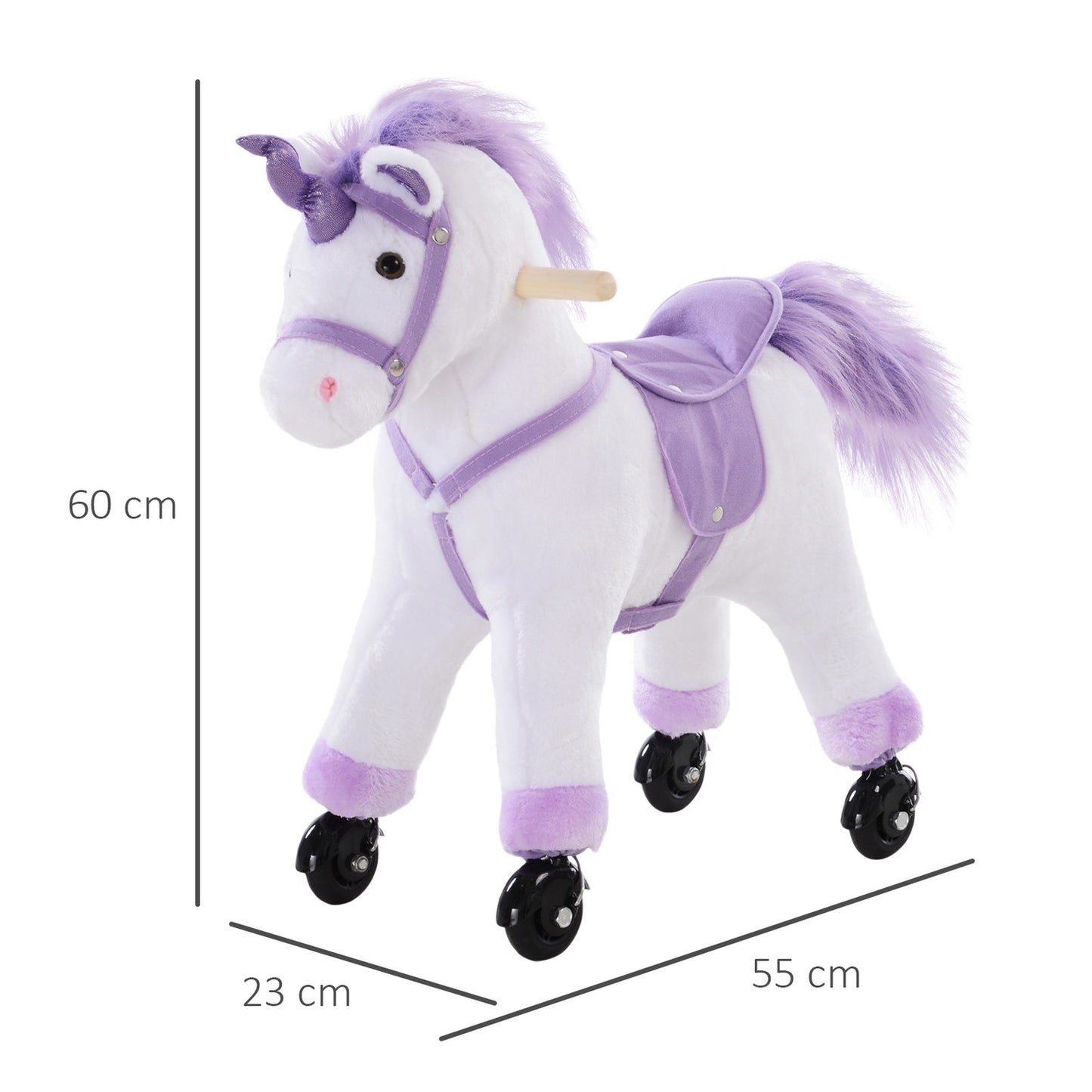 Plush riding horse on wheels, purple, neighbor sound, 55x23x60 cm