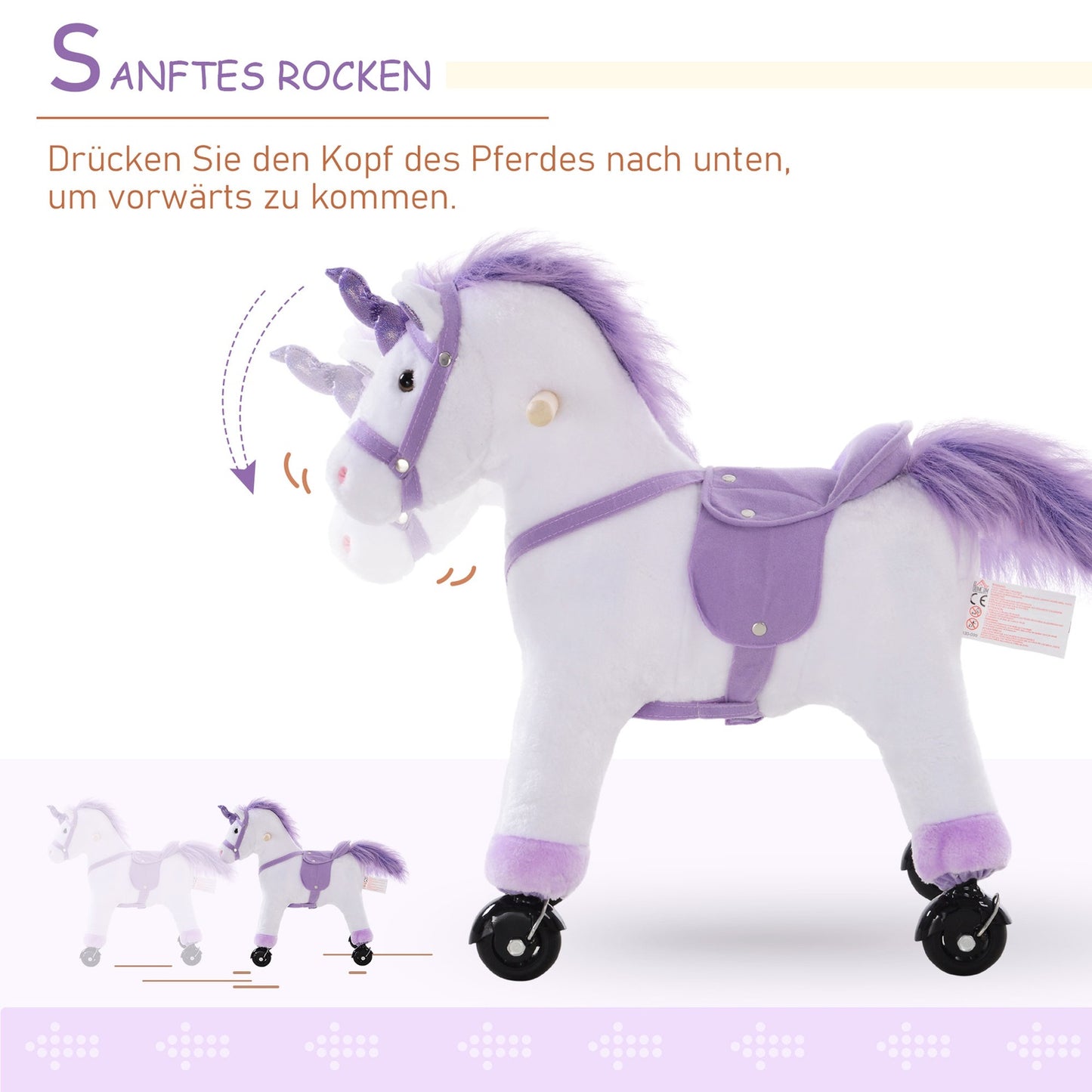 Plush riding horse on wheels, purple, neighbor sound, 55x23x60 cm