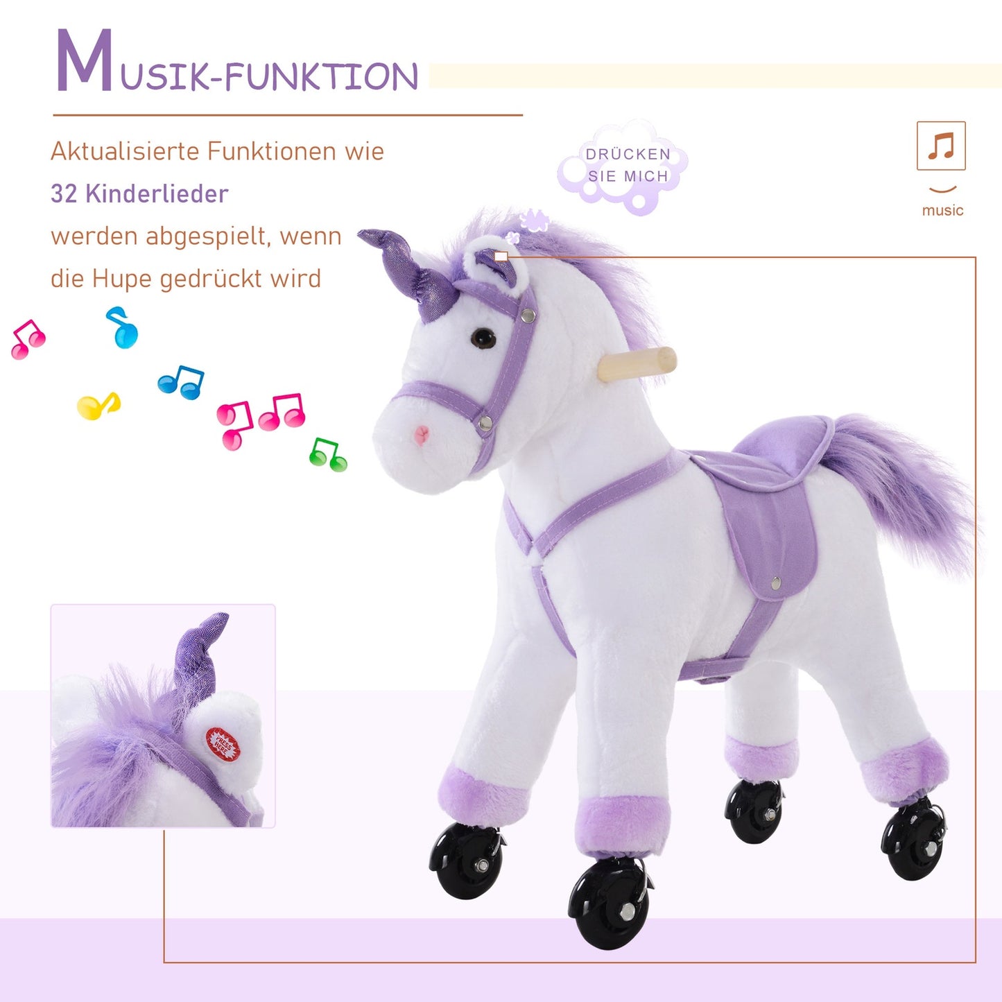 Plush riding horse on wheels, purple, neighbor sound, 55x23x60 cm
