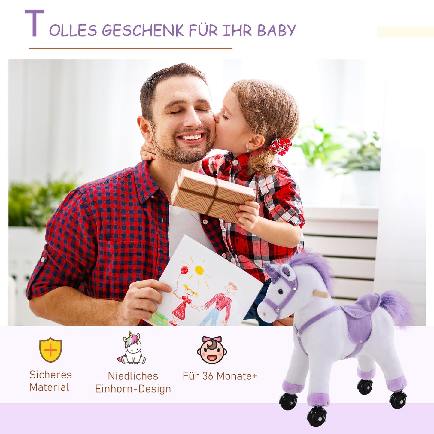 Plush riding horse on wheels, purple, neighbor sound, 55x23x60 cm