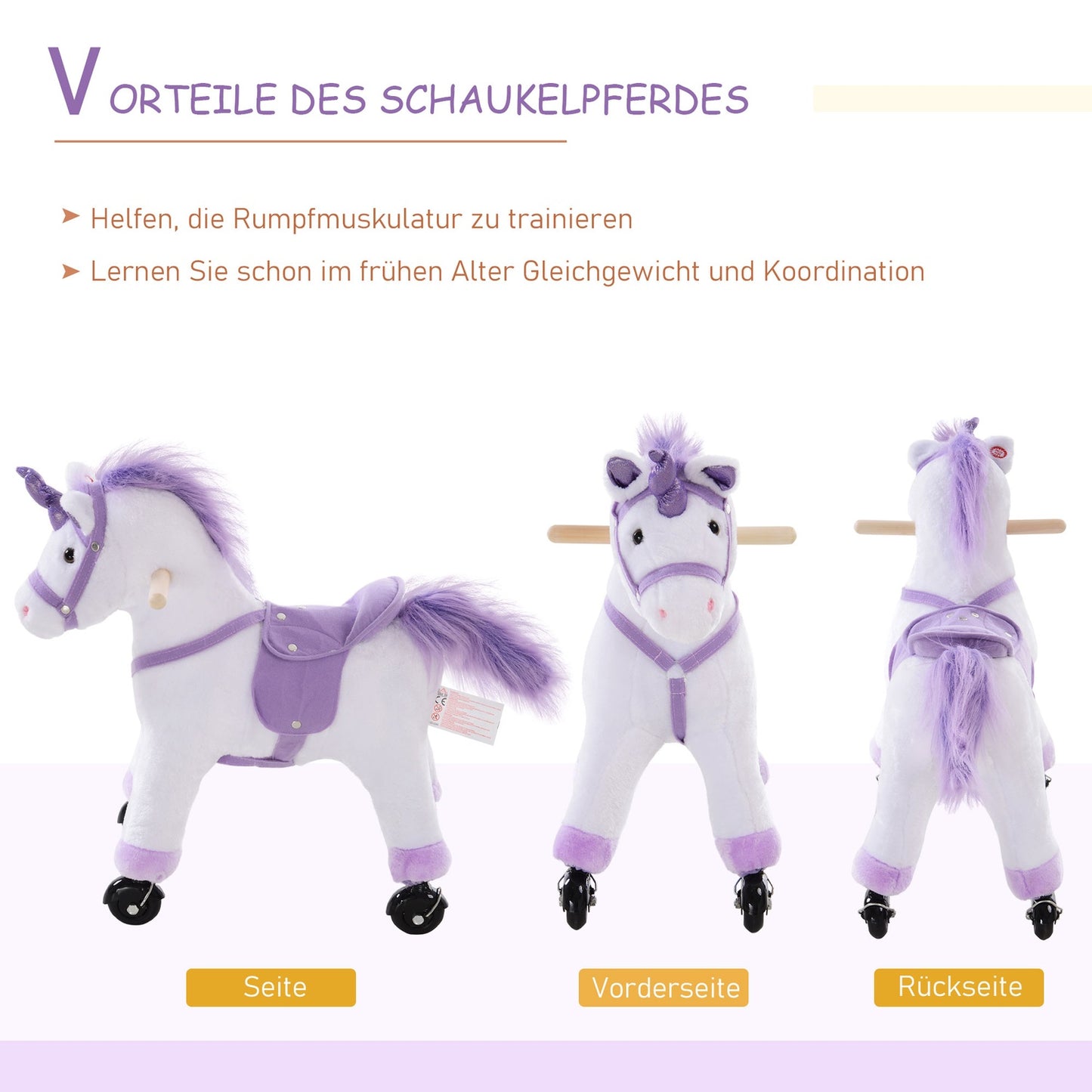 Plush riding horse on wheels, purple, neighbor sound, 55x23x60 cm