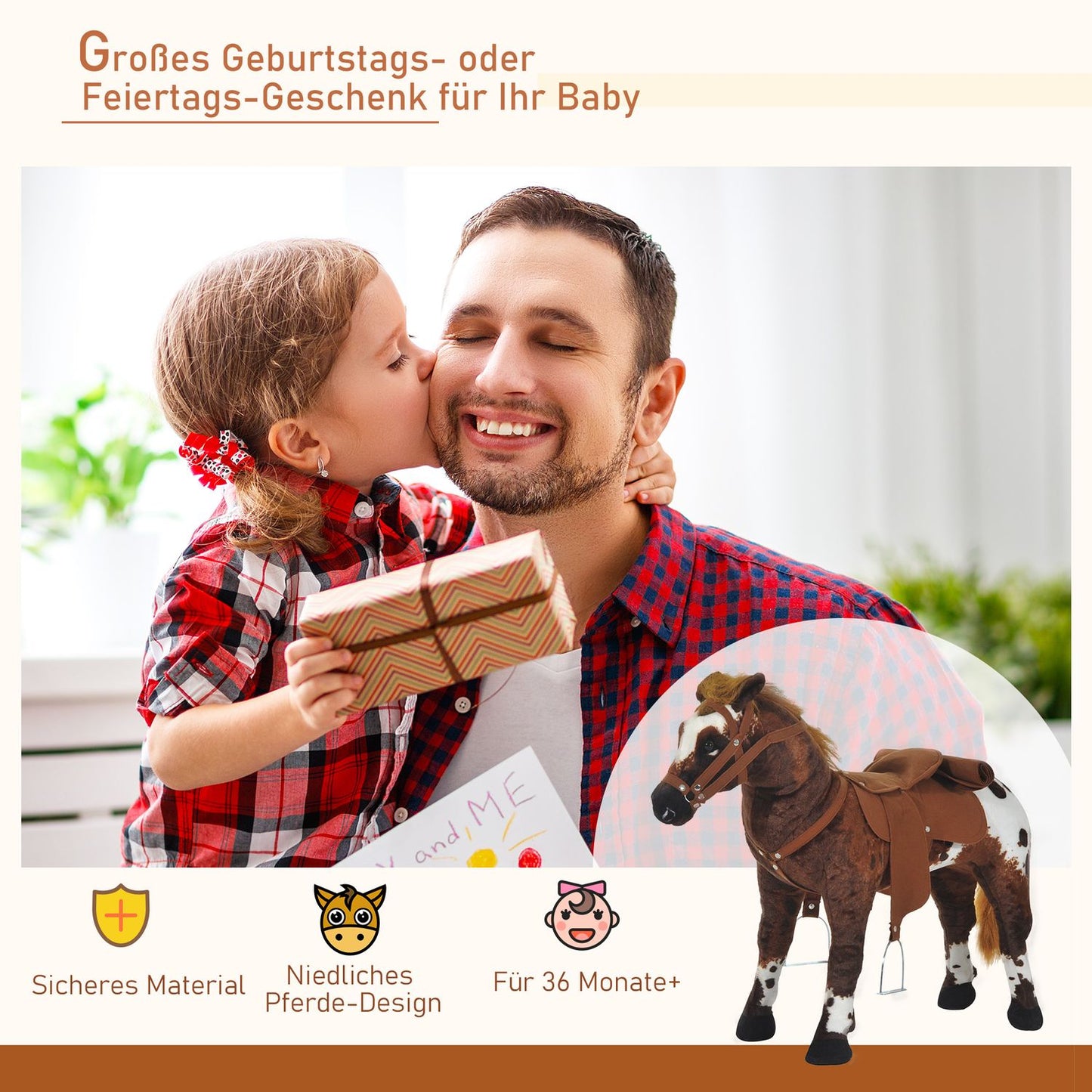 Plush toy horse - Sound, Metal frame, 85 cm - Brown & White