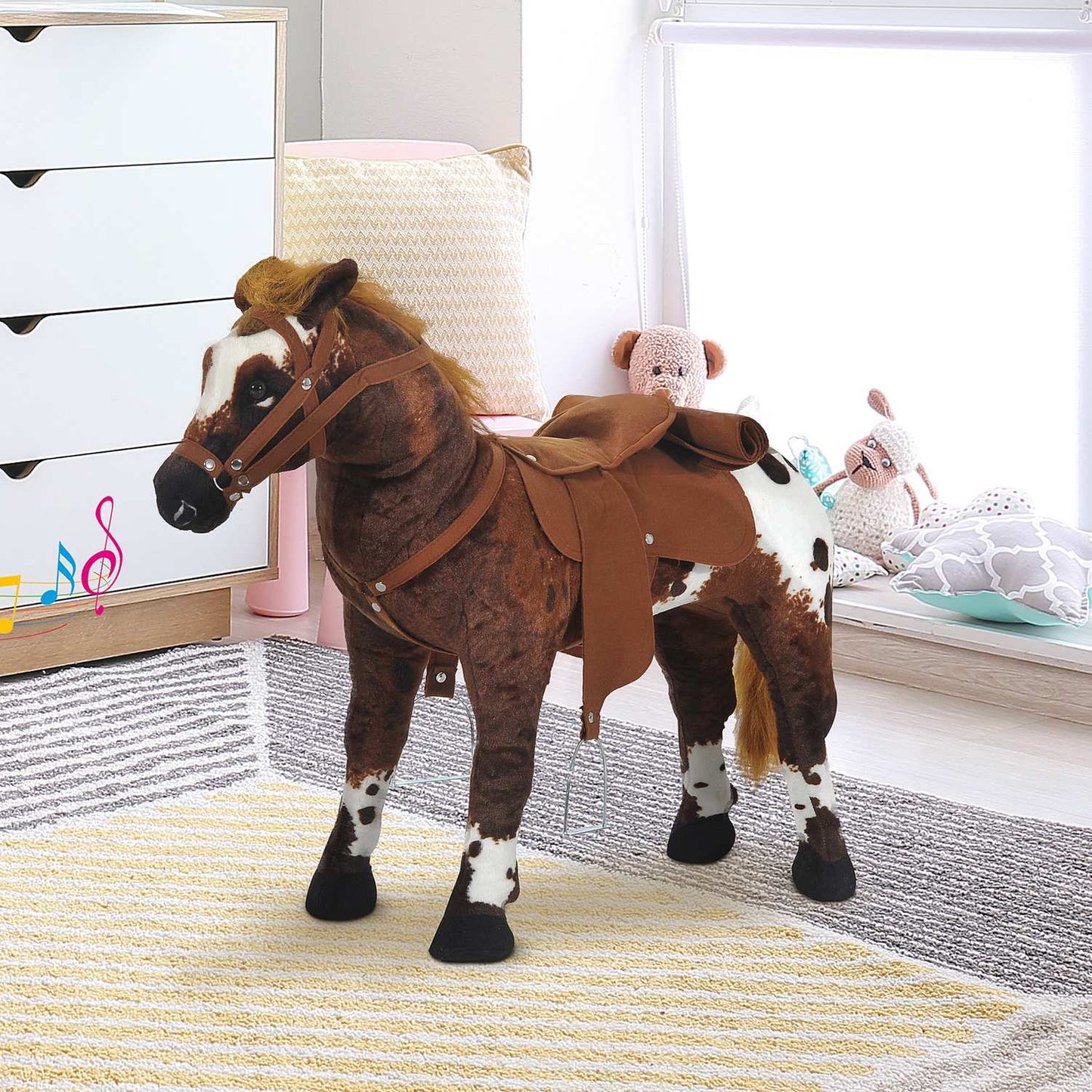 Plush toy horse - Sound, Metal frame, 85 cm - Brown & White