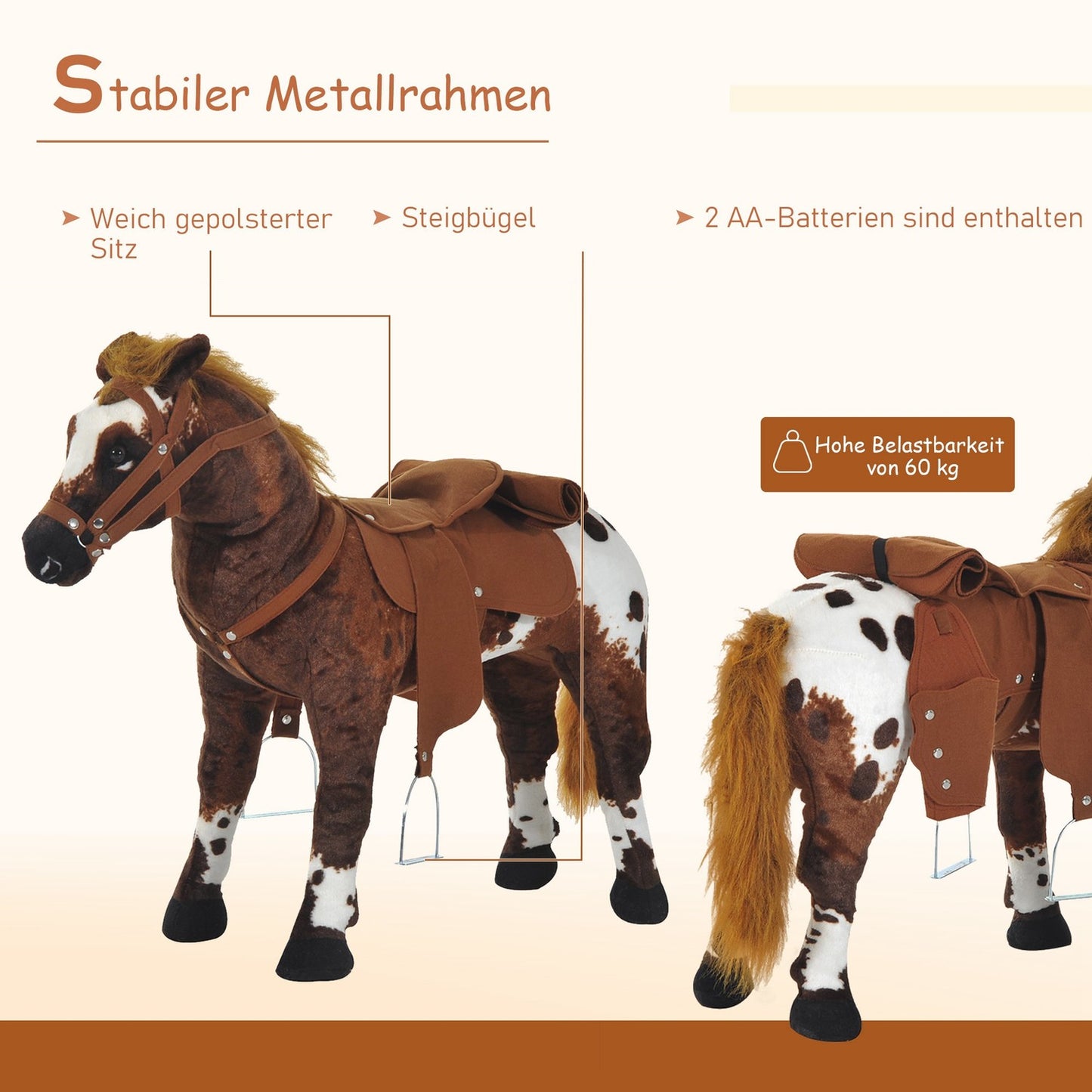Plush toy horse - Sound, Metal frame, 85 cm - Brown & White