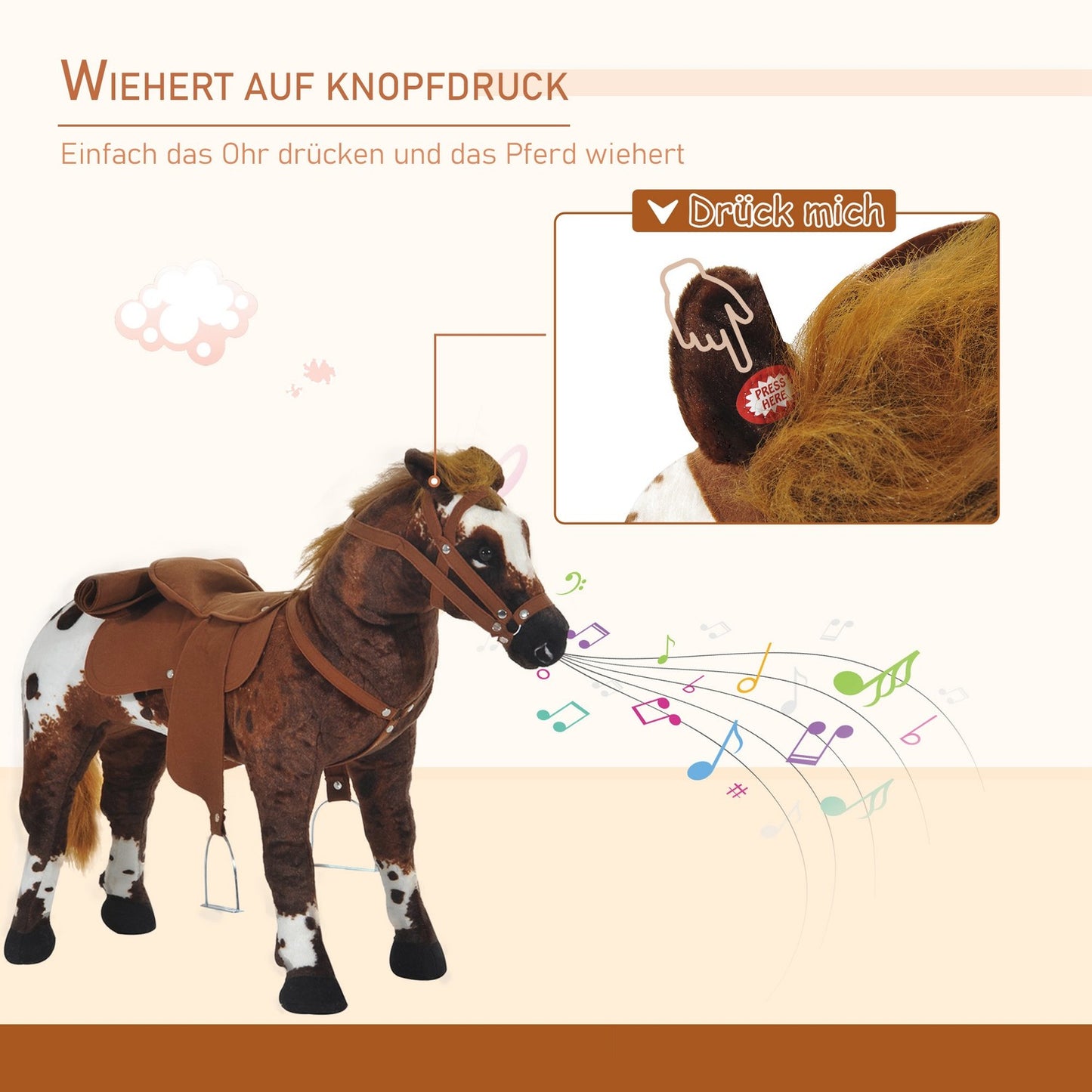 Plush toy horse - Sound, Metal frame, 85 cm - Brown & White