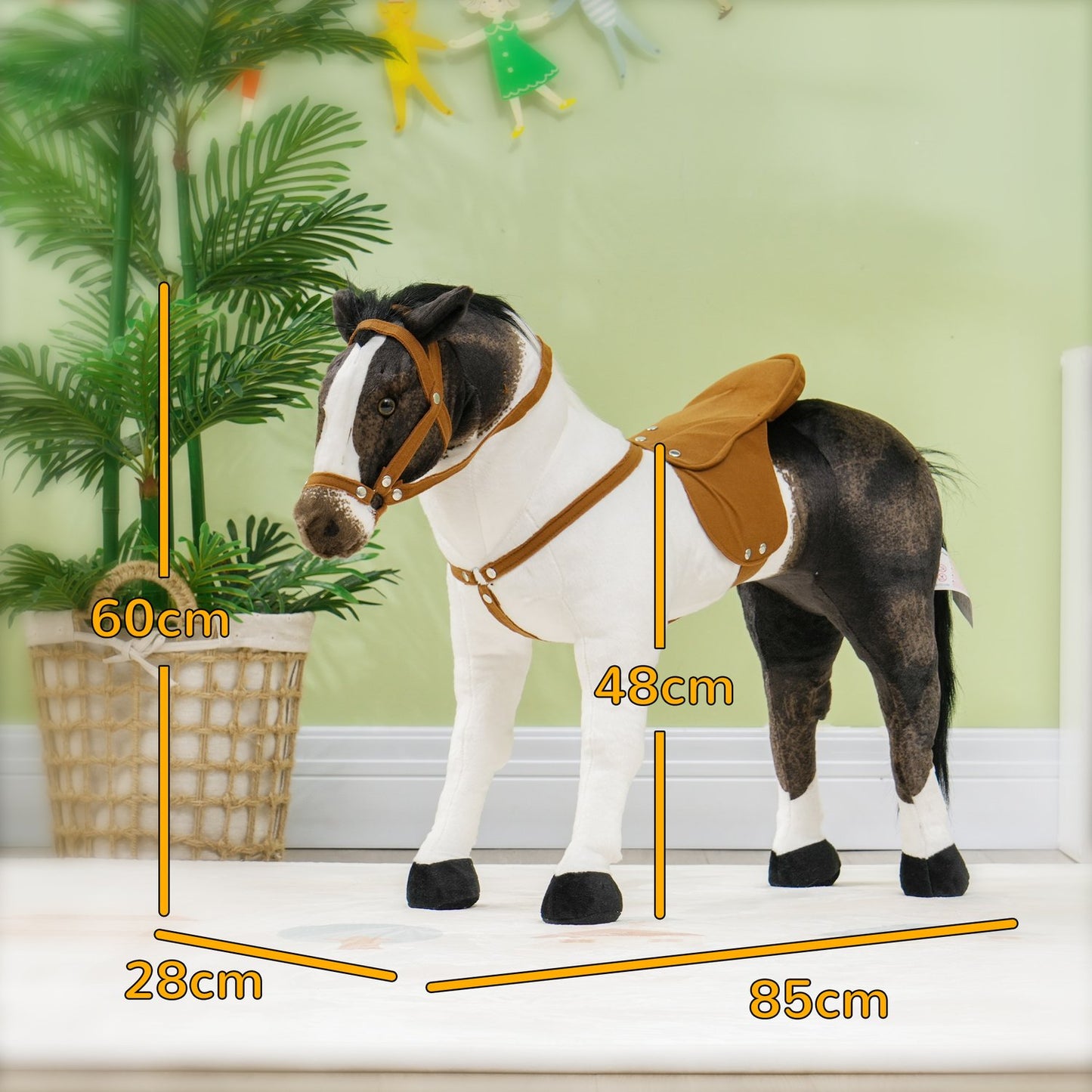 Riding horse toy with sound, 48 cm, saddle and bridle, brown/cream