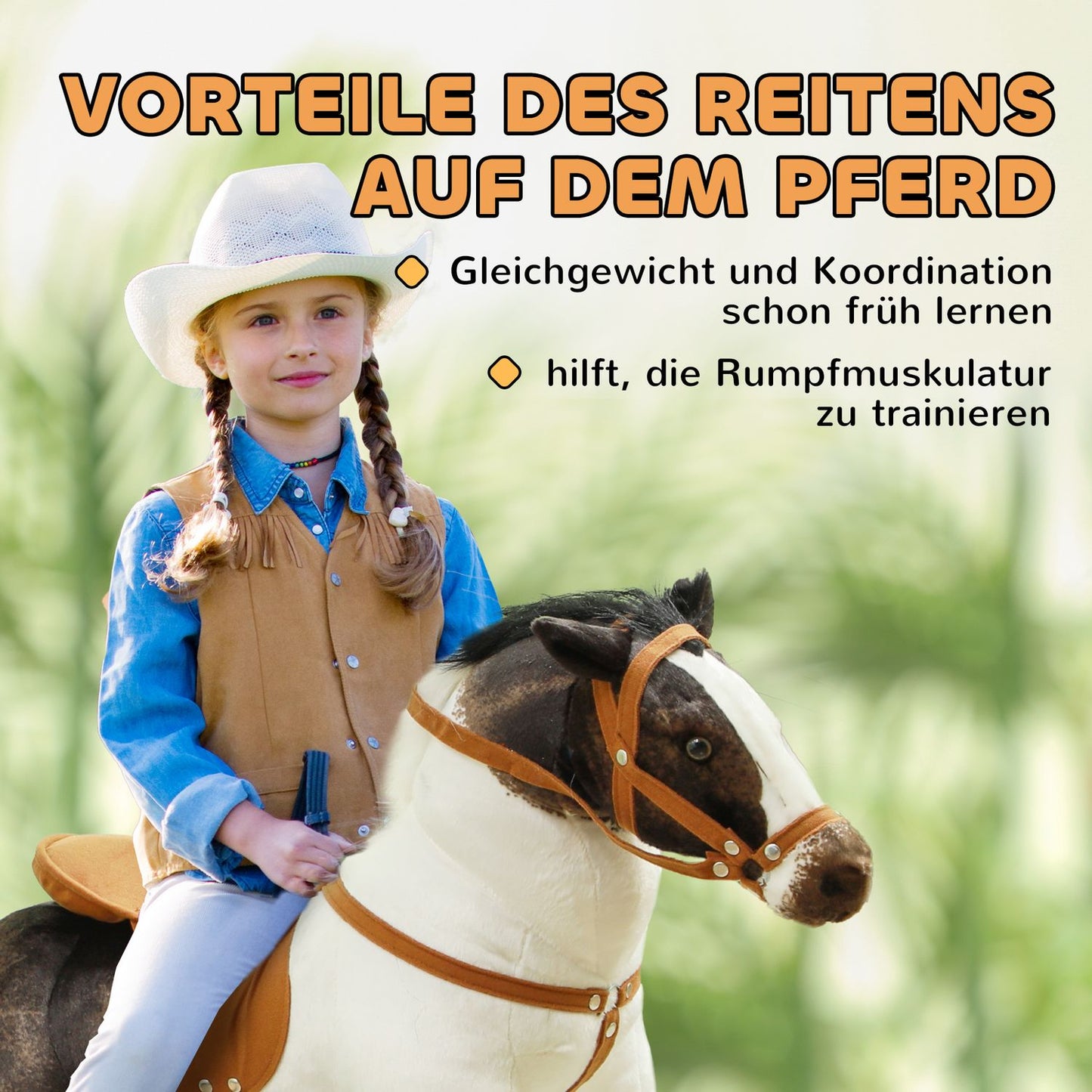 Riding horse toy with sound, 48 cm, saddle and bridle, brown/cream