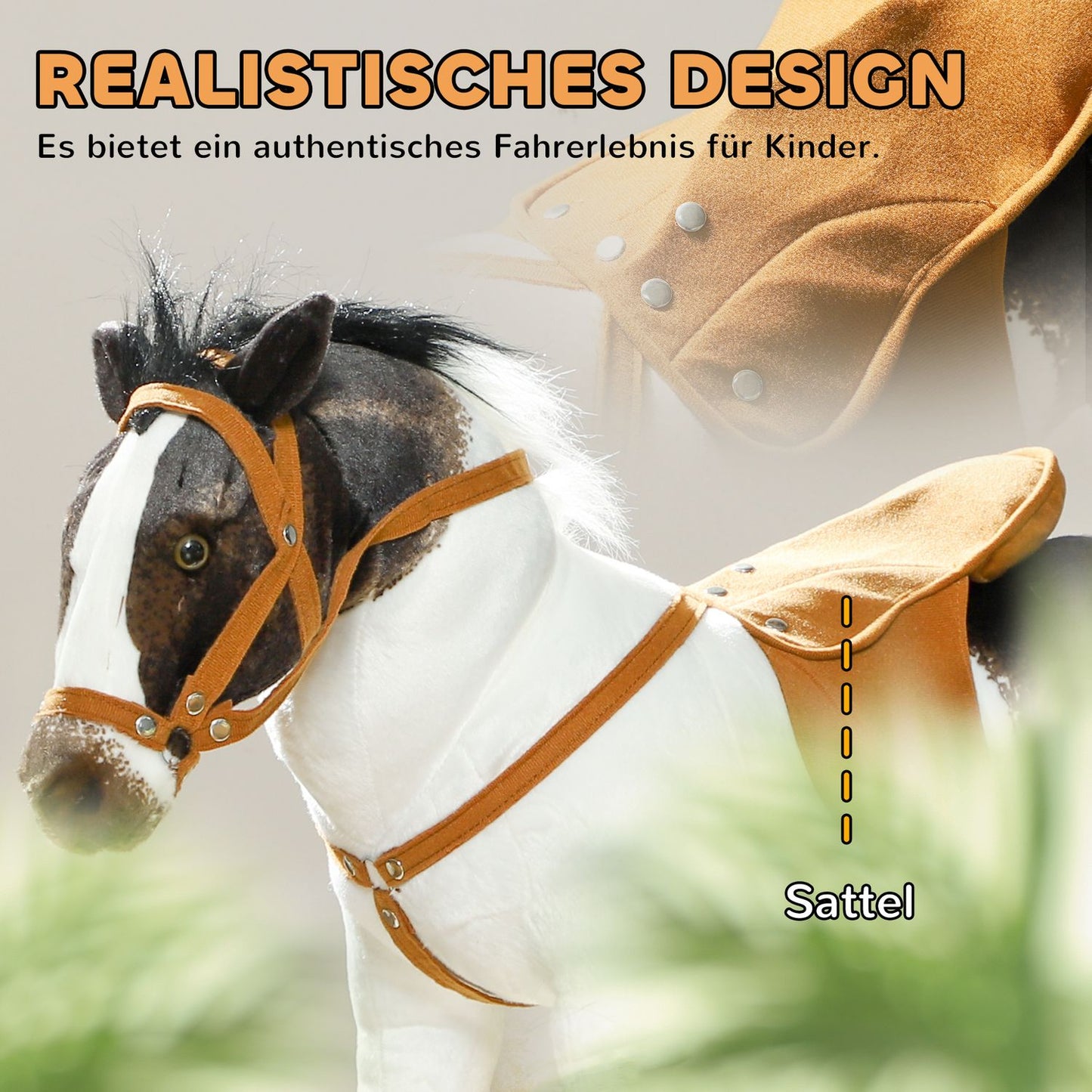 Riding horse toy with sound, 48 cm, saddle and bridle, brown/cream