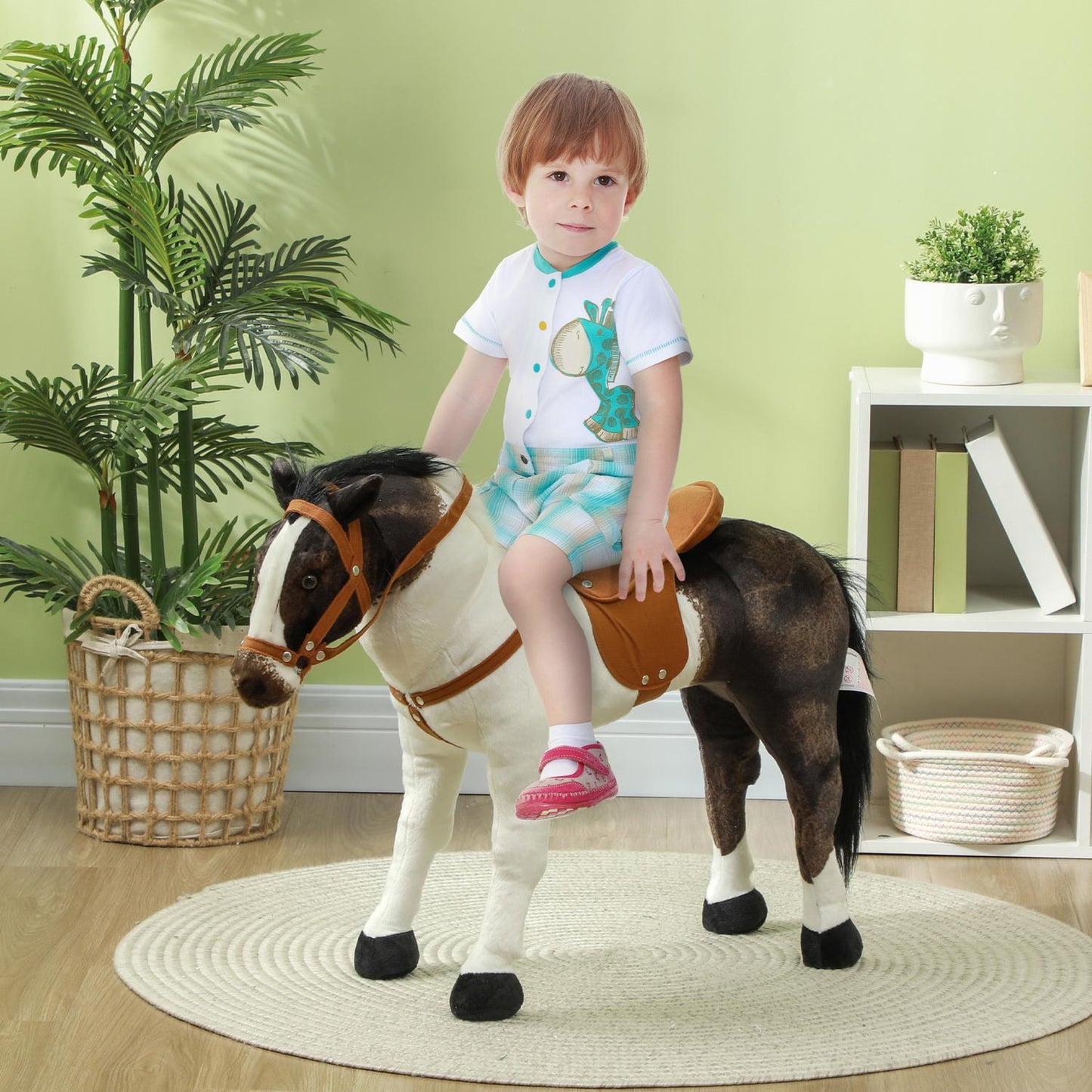 Riding horse toy with sound, 48 cm, saddle and bridle, brown/cream