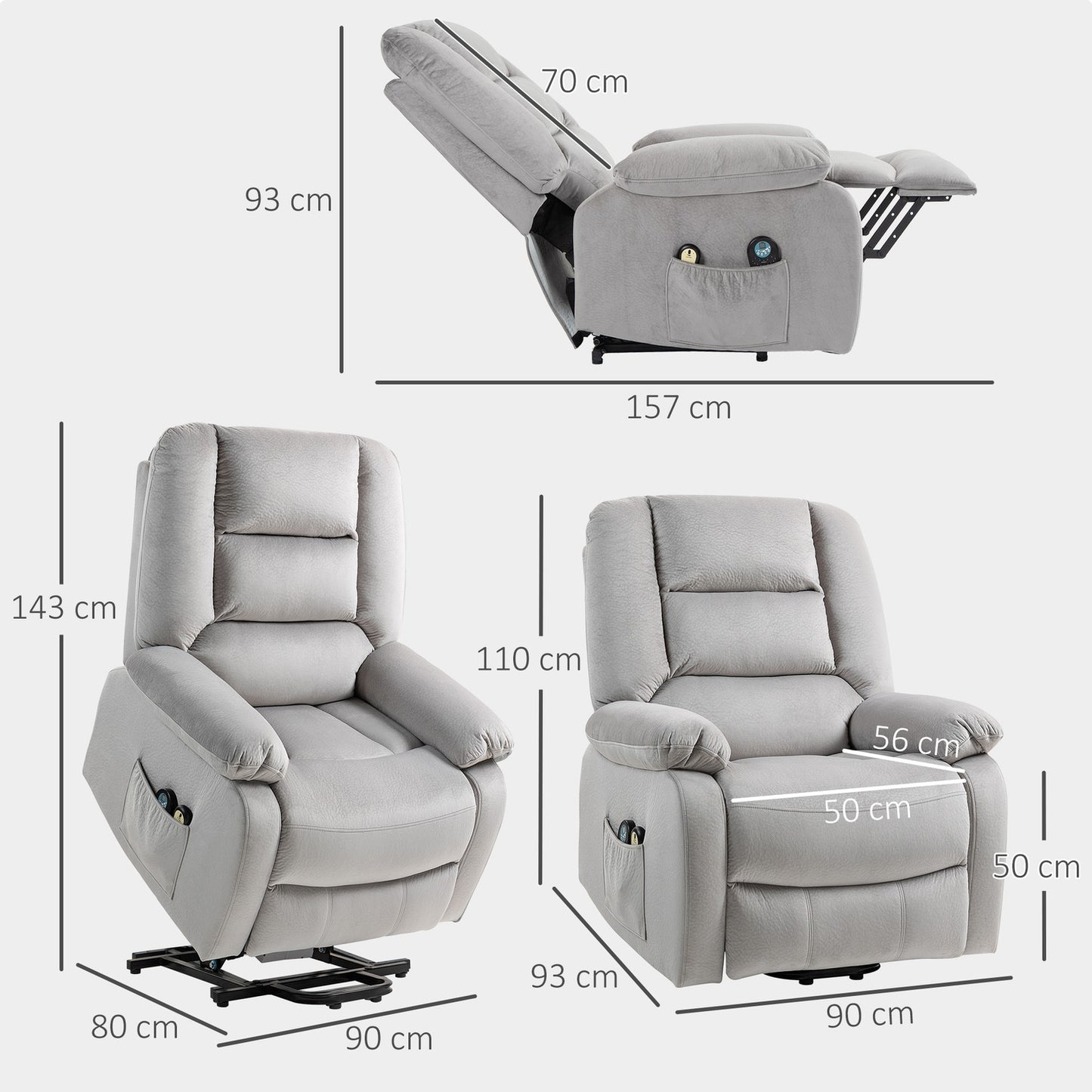 Riser chair with massage function, 90x93x110cm, light grey