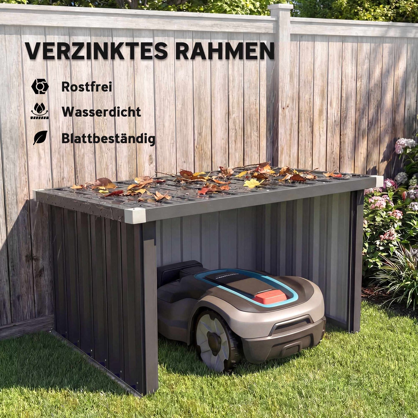 Robotic Lawn Mower Garage, Galvanized Steel, Dark Grey