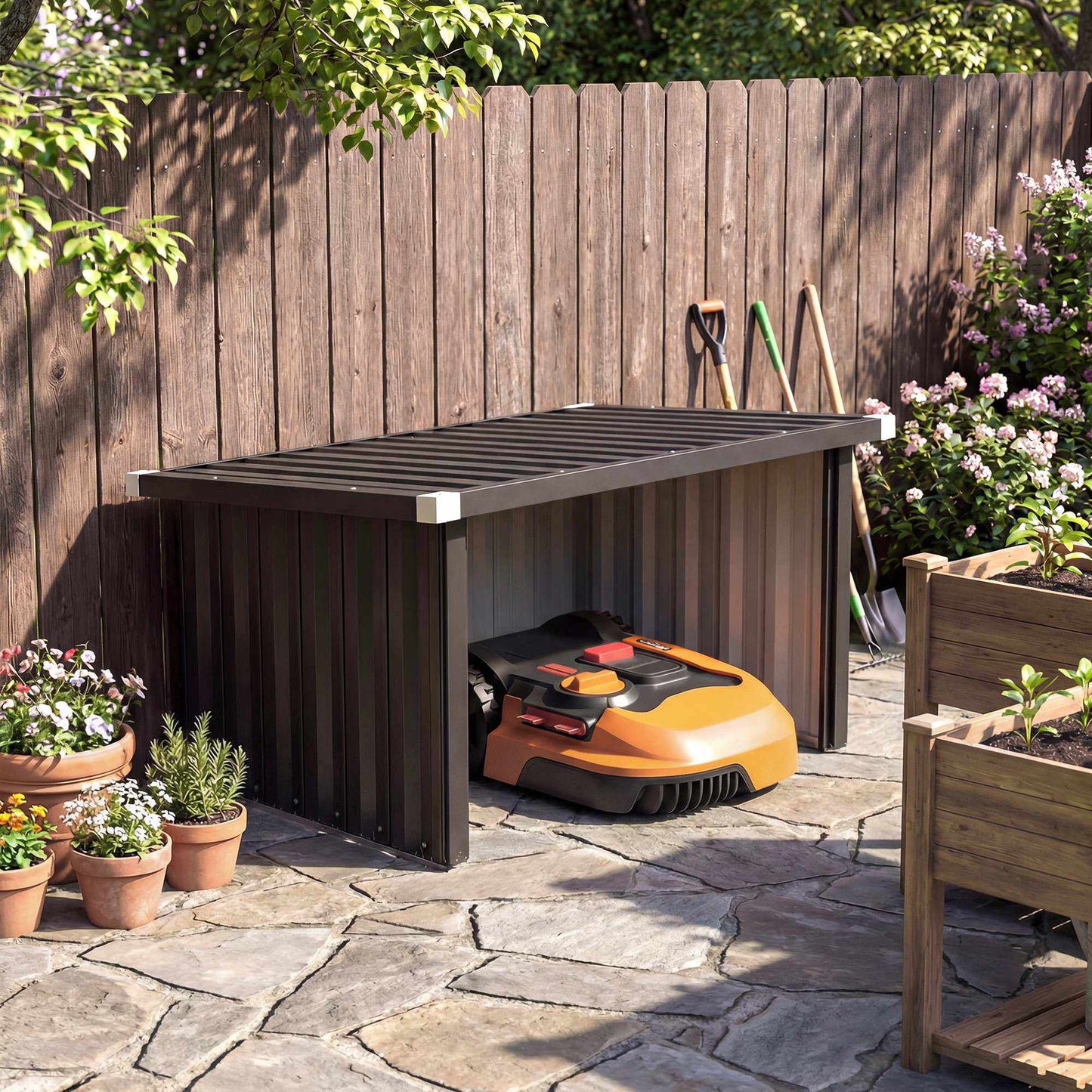 Robotic Lawn Mower Garage, Galvanized Steel, Dark Grey