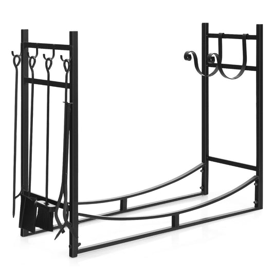 Robust firewood rack & tool set with kindling holders & shovel 91x33x76cm black