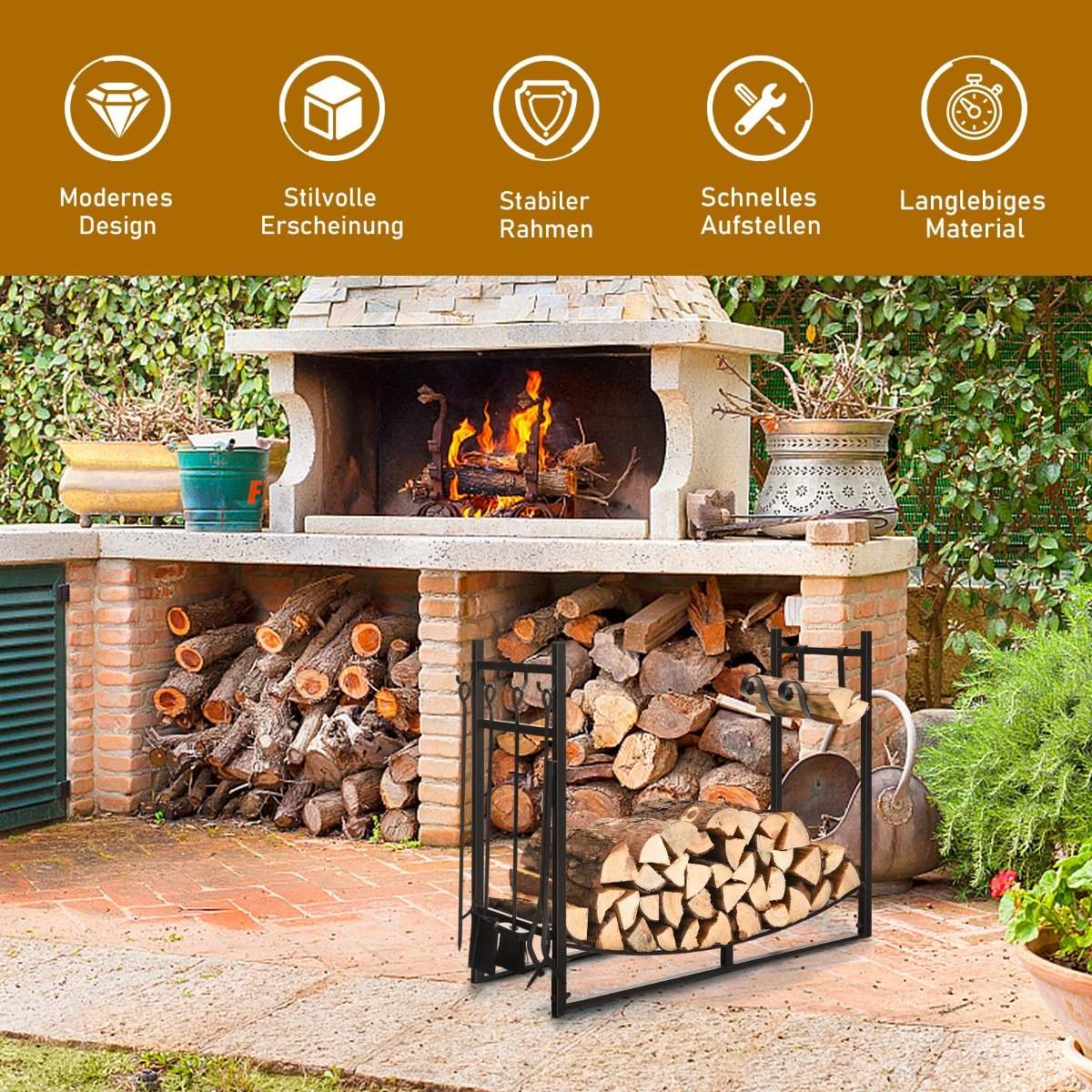 Robust firewood rack & tool set with kindling holders & shovel 91x33x76cm black