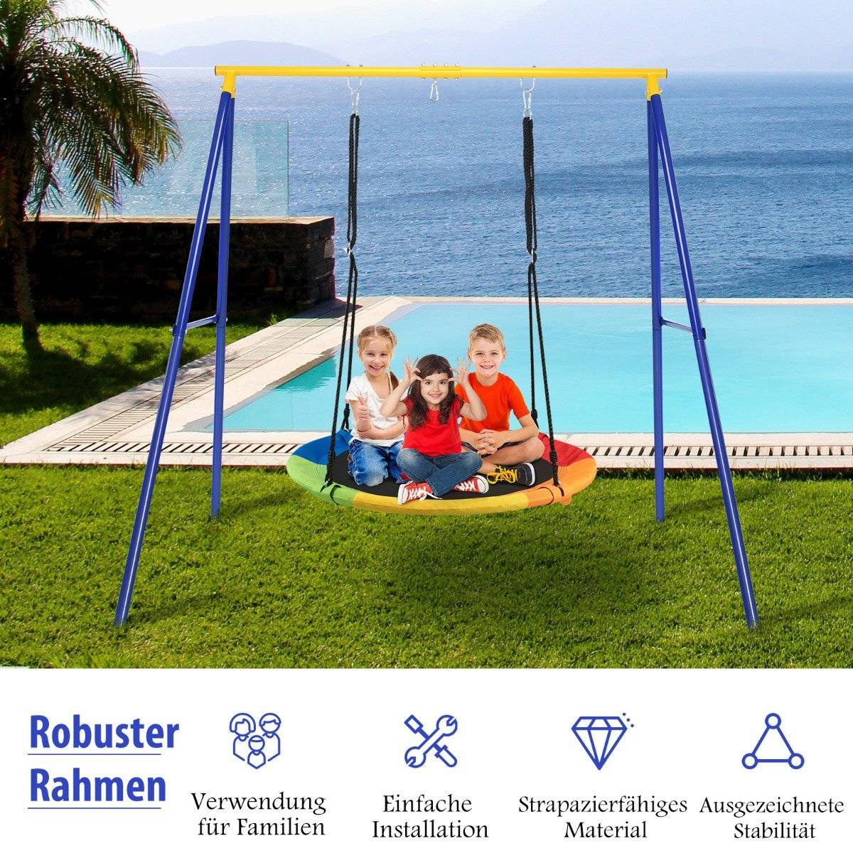 Robust metal swing frame A-frame garden swing frame 194 x 184 x 180 cm blue + yellow