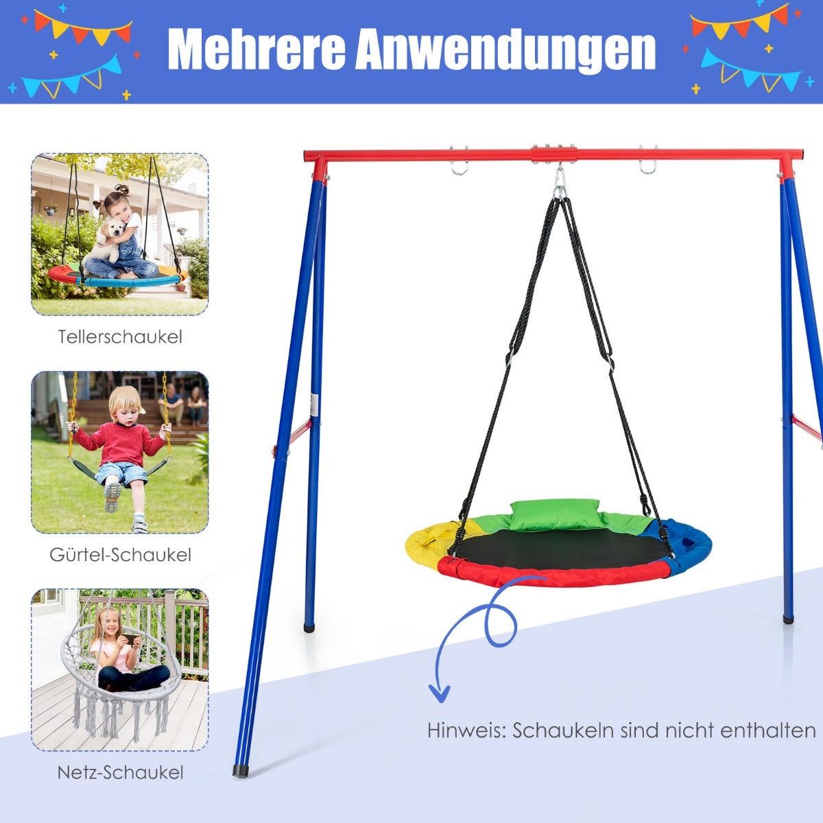 Robust metal swing frame A-frame garden swing frame 194 x 184 x 180 cm red + blue