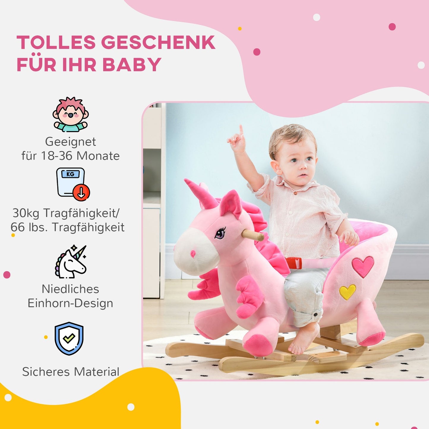 Unicorn rocking chair with music & footrest for children 1.5-3Y