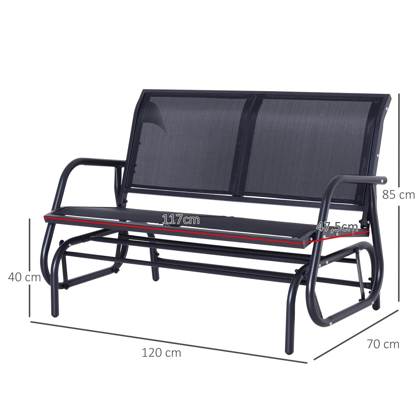 Black Metal Garden Swing - 2-seater, 120 x 70 x 88 cm