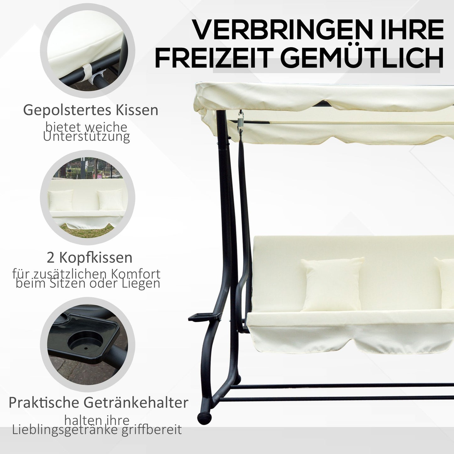 3-seat rocking chair with adjustable roof, cream