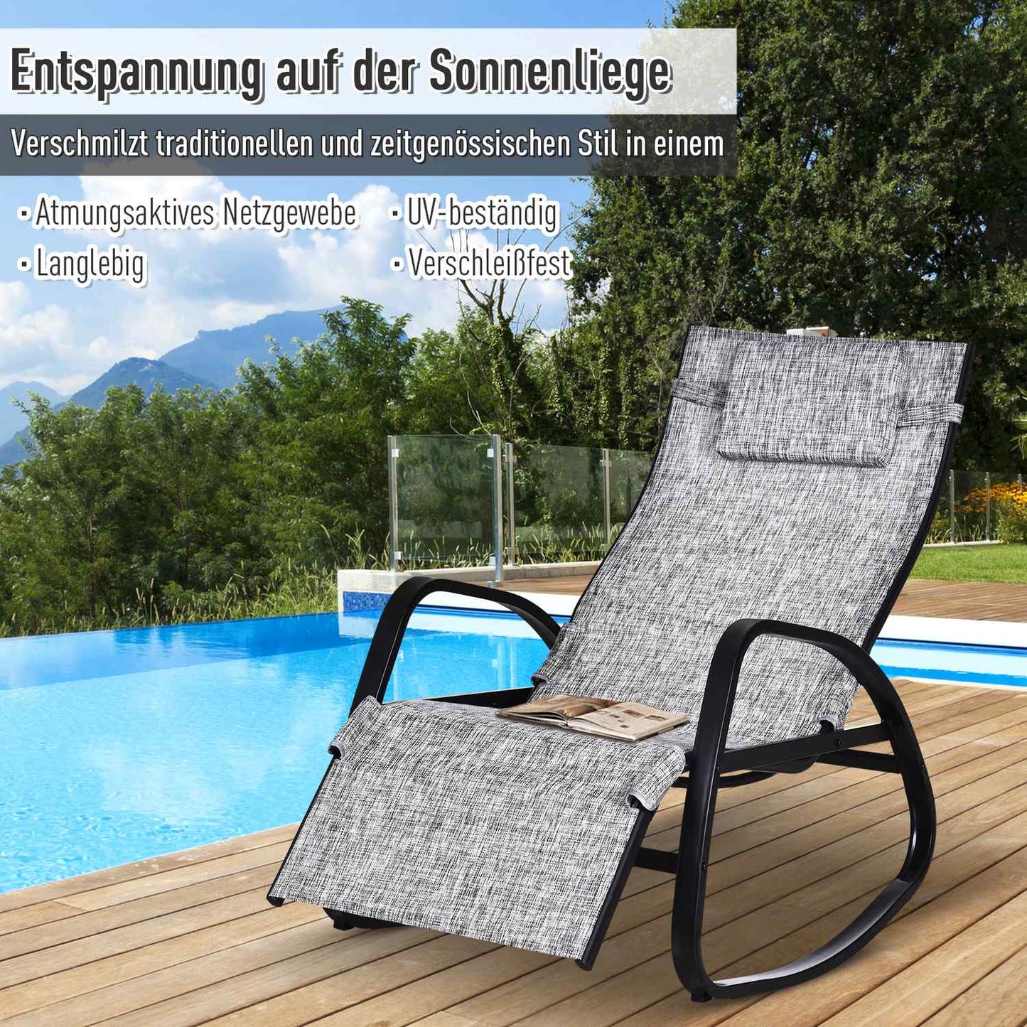 Gray adjustable rocking chair with cushion for patio & balcony