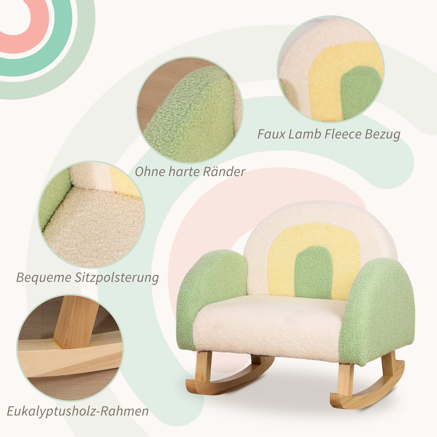 Green Lambskin Rocking Sofa for Kids - Eucalyptus Wood, Age 3+