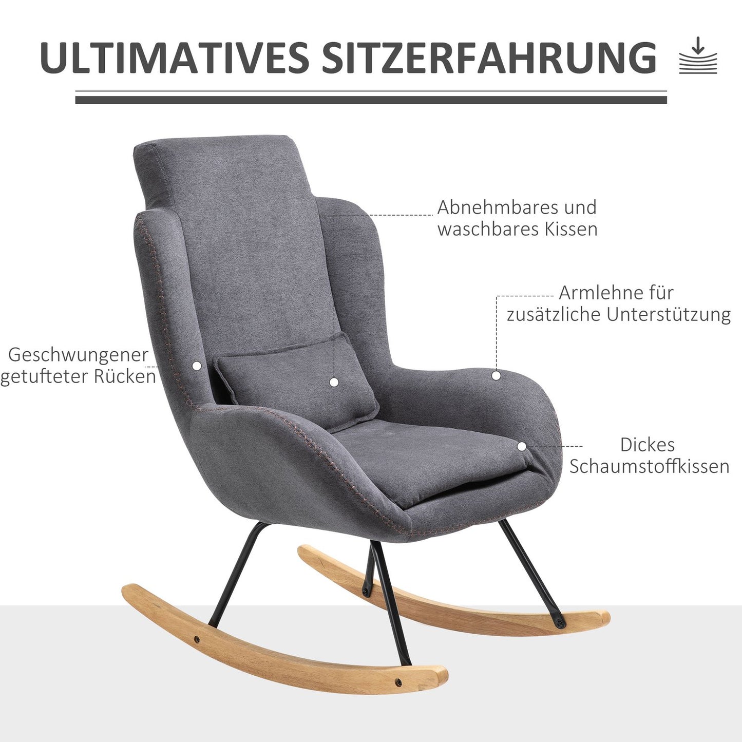 Dark gray rocking chair in linen - rubber wood, 90-135° tilt