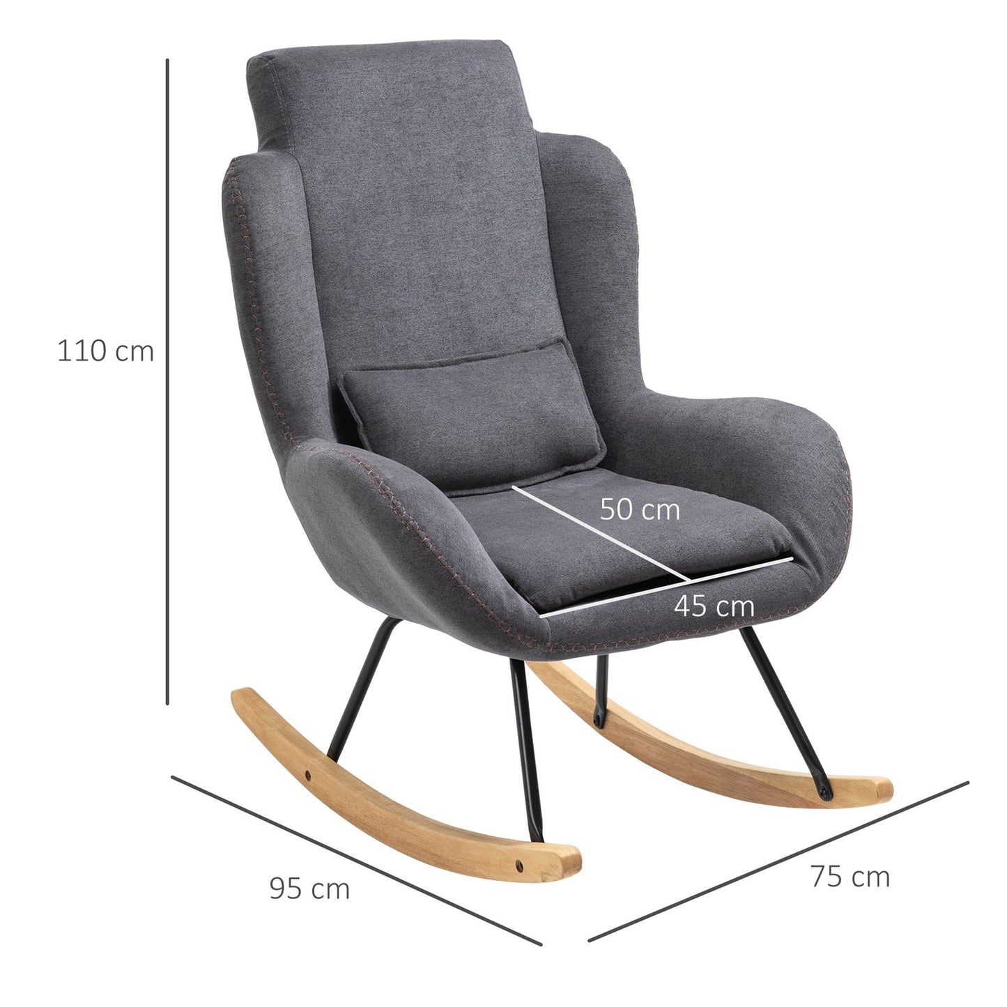 Dark gray rocking chair in linen - rubber wood, 90-135° tilt