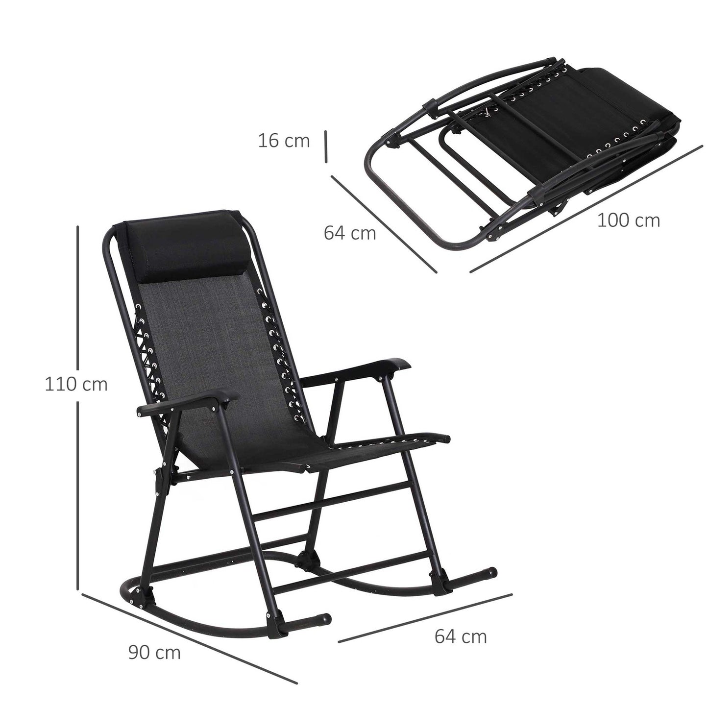Folding rocking chair in black steel with cushion - 120 kg capacity
