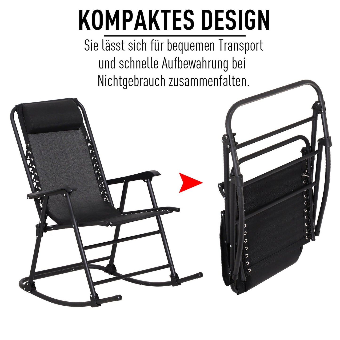 Folding rocking chair in black steel with cushion - 120 kg capacity