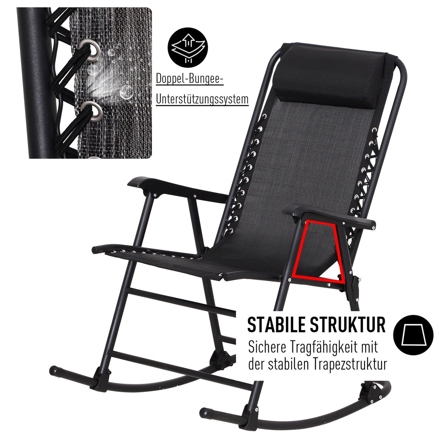 Folding rocking chair in black steel with cushion - 120 kg capacity