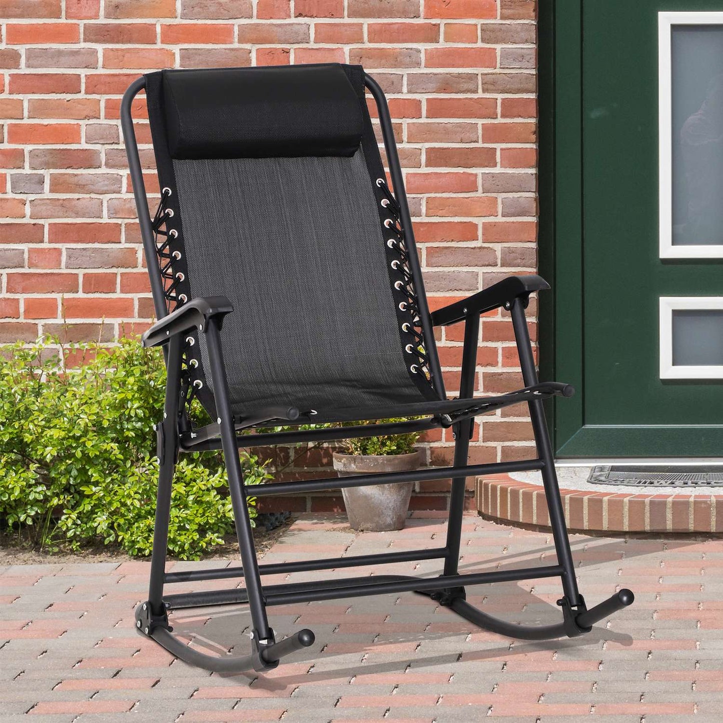 Folding rocking chair in black steel with cushion - 120 kg capacity