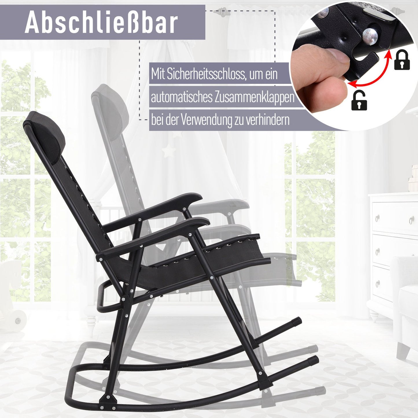 Folding rocking chair in black steel with cushion - 120 kg capacity