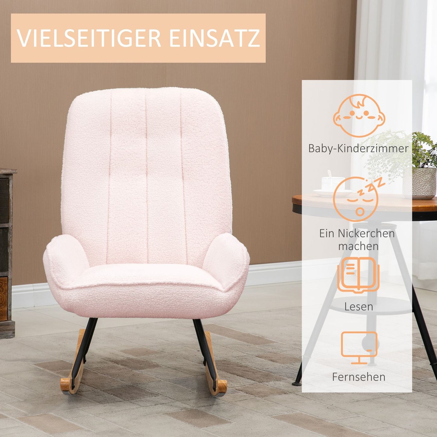 Pink Sherpa Fleece rocking chair, padded, 150 kg capacity