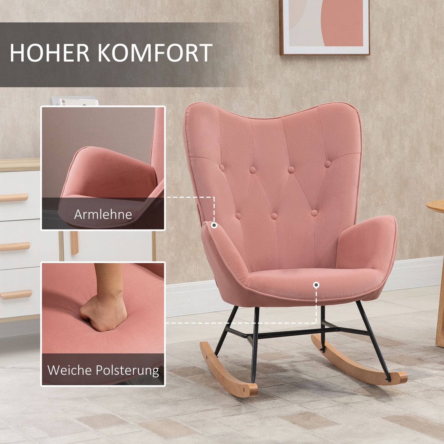 Pink velvet rocking chair – Steel frame, rubber wood