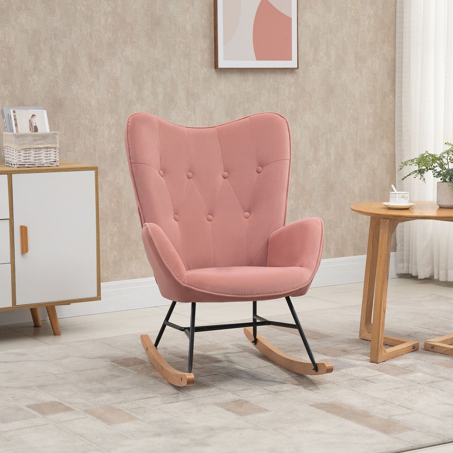 Pink velvet rocking chair – Steel frame, rubber wood