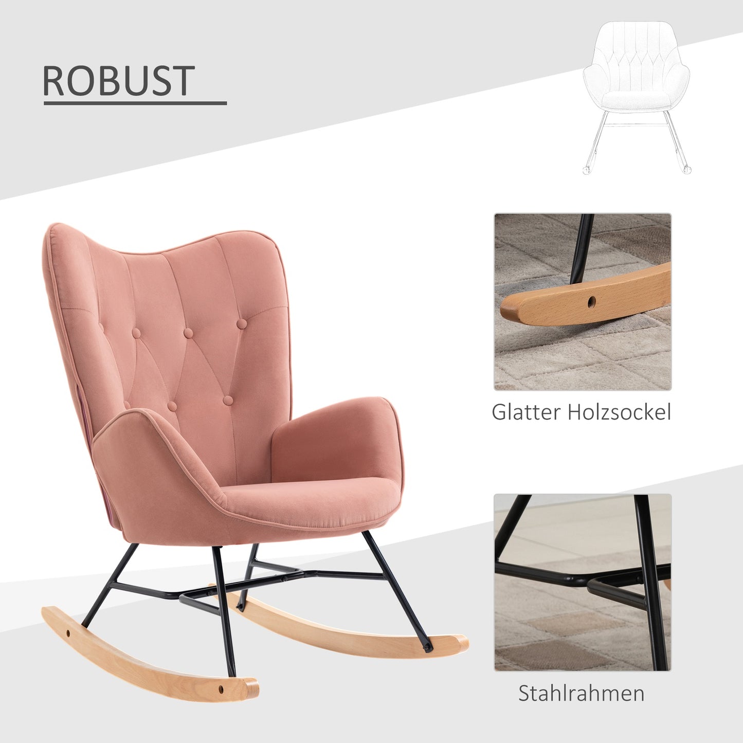 Pink velvet rocking chair – Steel frame, rubber wood