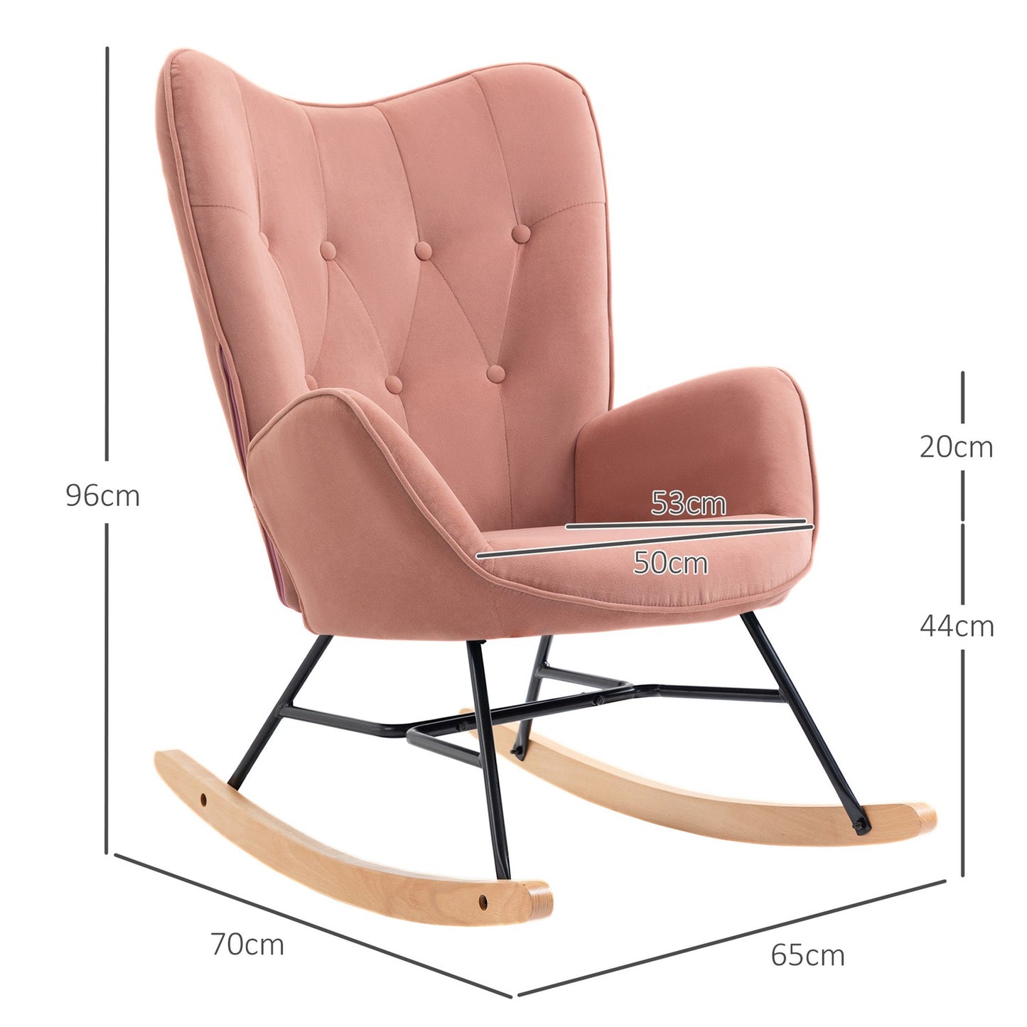 Pink velvet rocking chair – Steel frame, rubber wood