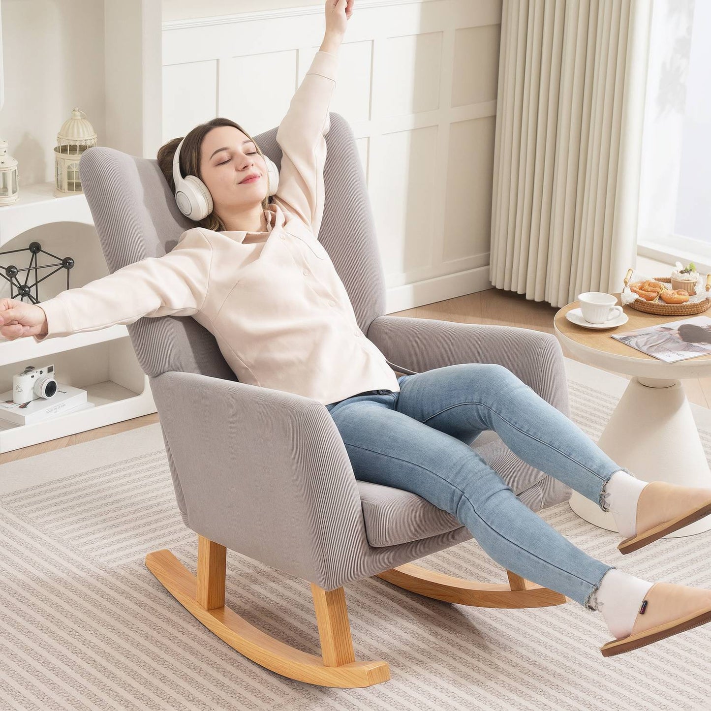 Rocking Chair, Retro Design, Corduroy, Rubberwood, Light Grey
