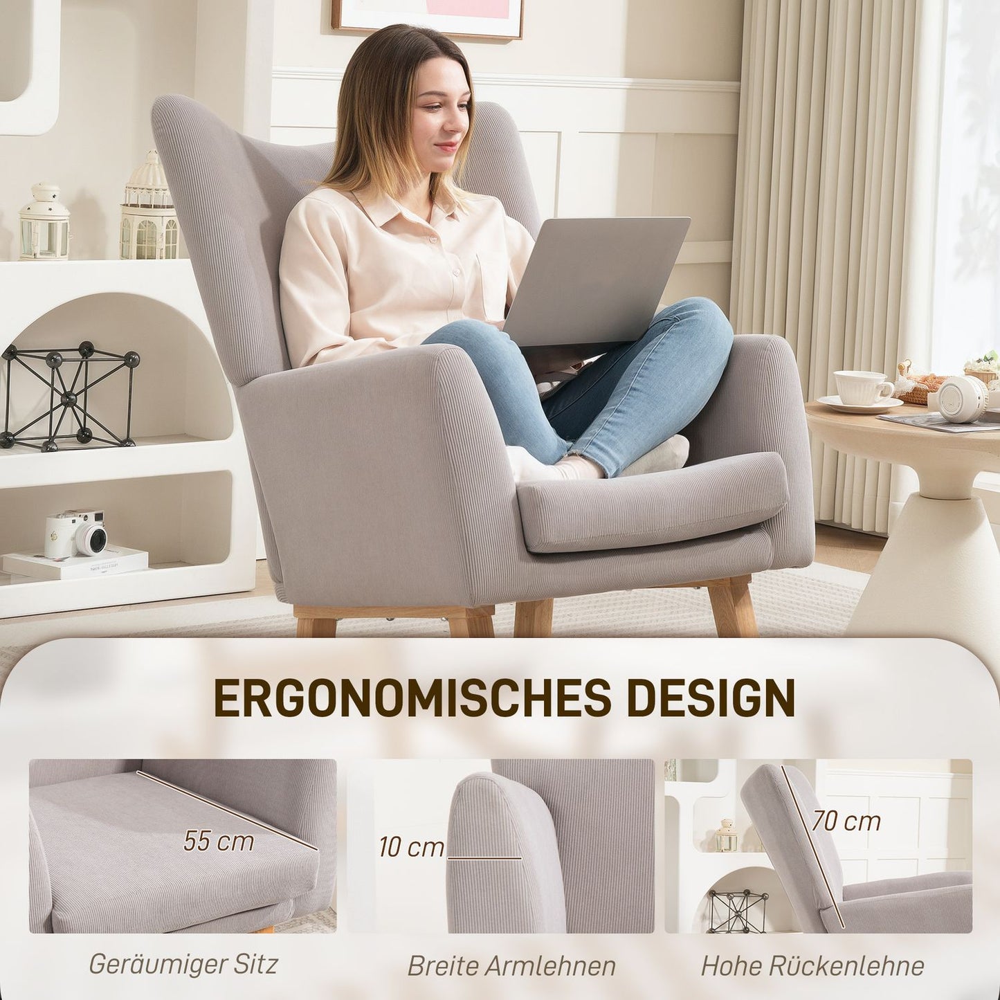 Rocking Chair, Retro Design, Corduroy, Rubberwood, Light Grey