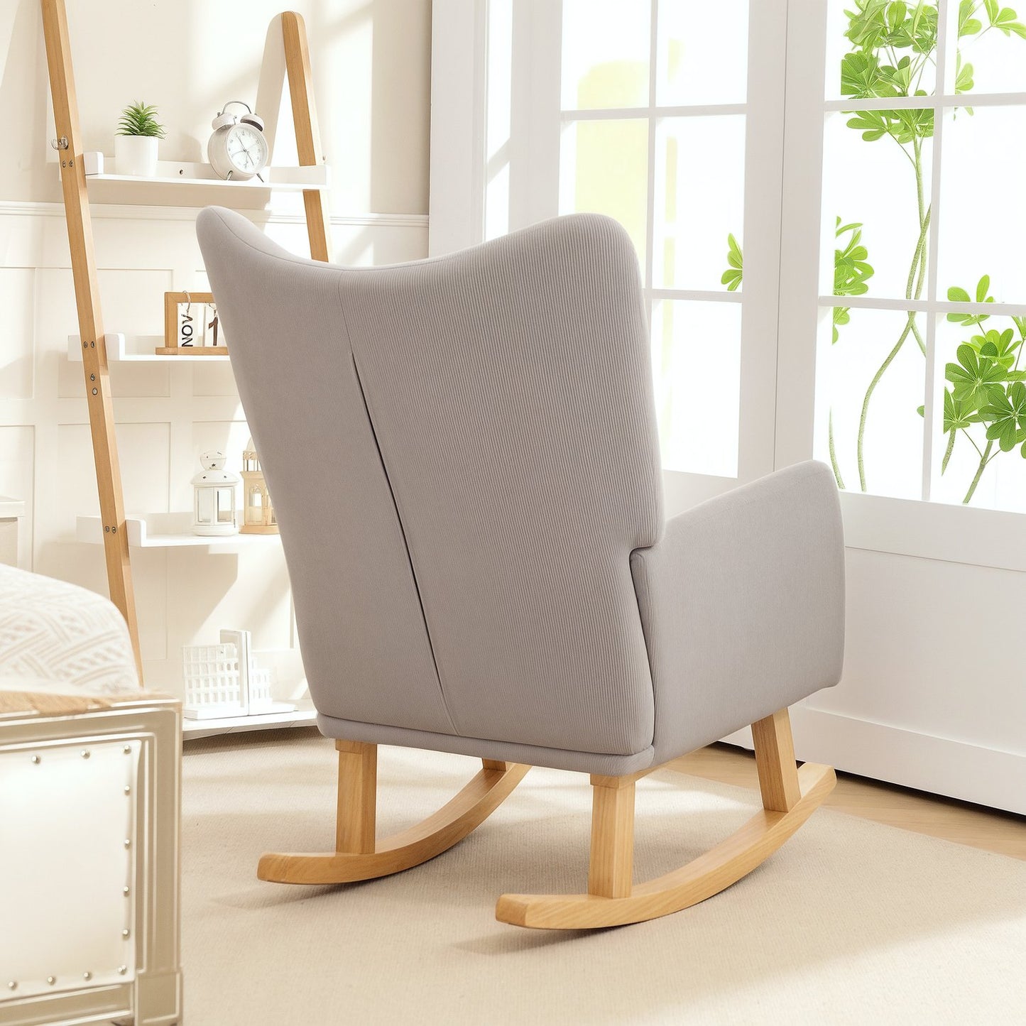 Rocking Chair, Retro Design, Corduroy, Rubberwood, Light Grey