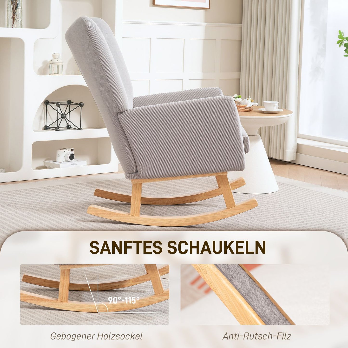Rocking Chair, Retro Design, Corduroy, Rubberwood, Light Grey