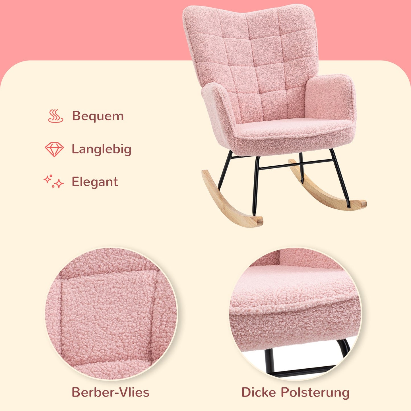 Pink rocking chair imitation lambskin - Holds up to 120 kg