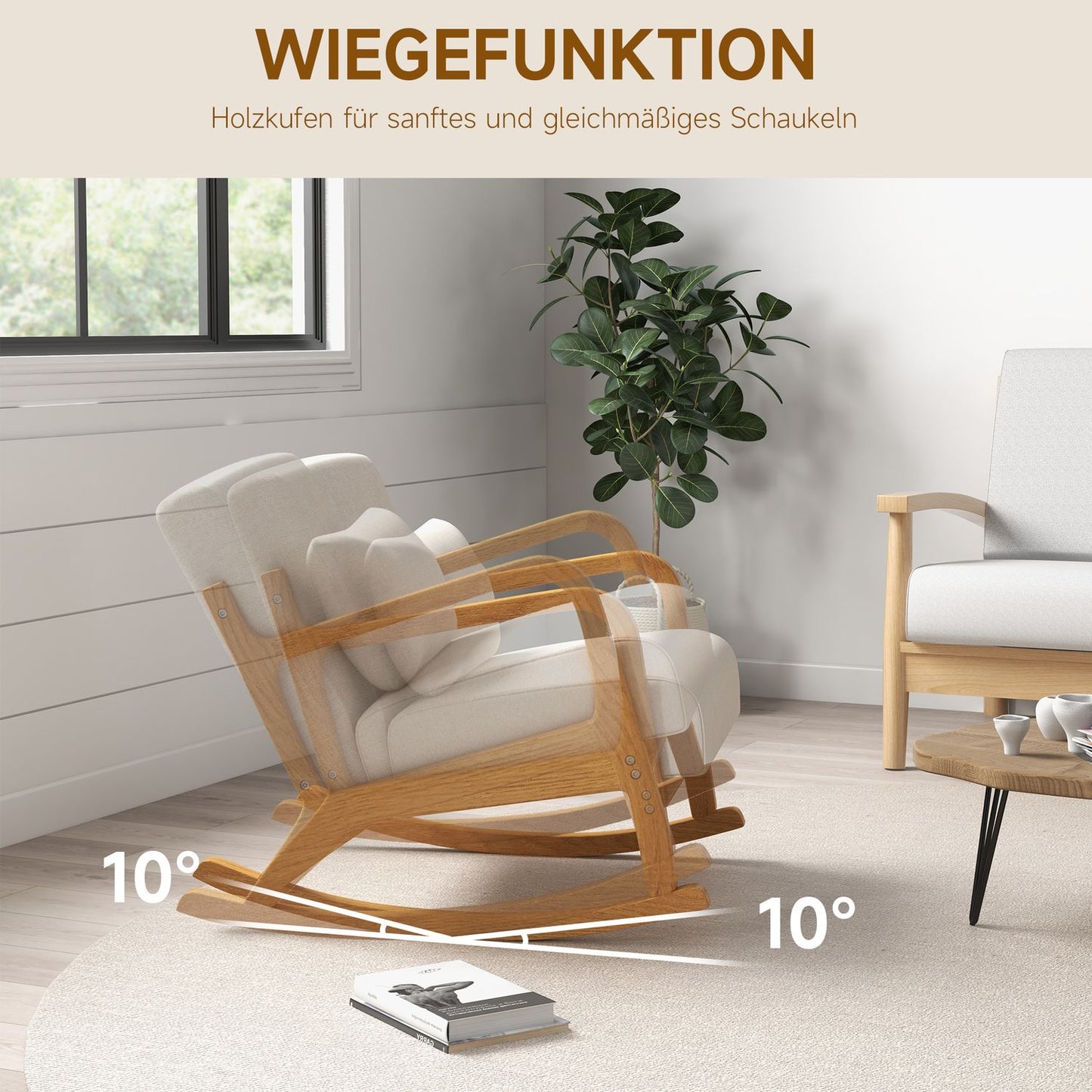 Rocking chair with padded seat, wooden frame, cream