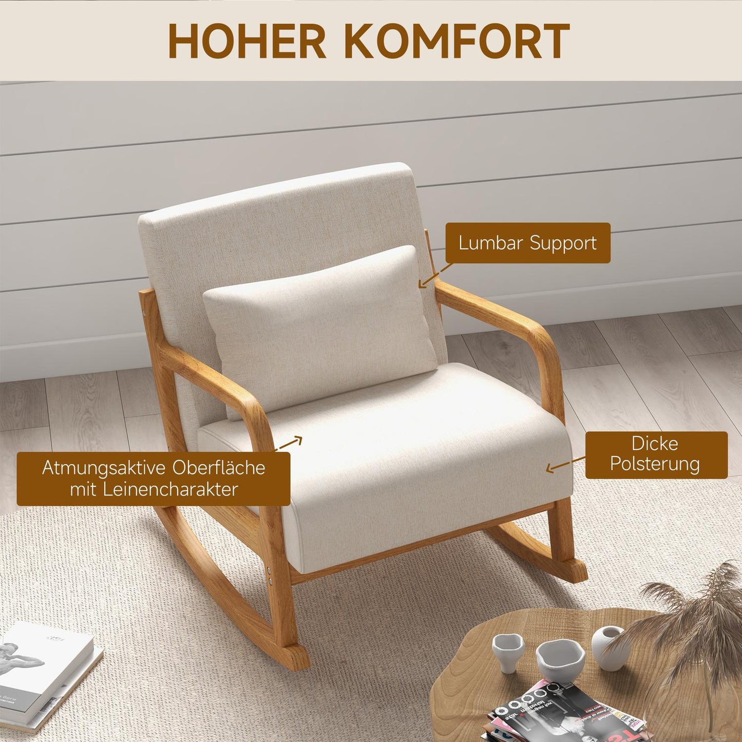 Rocking chair with padded seat, wooden frame, cream
