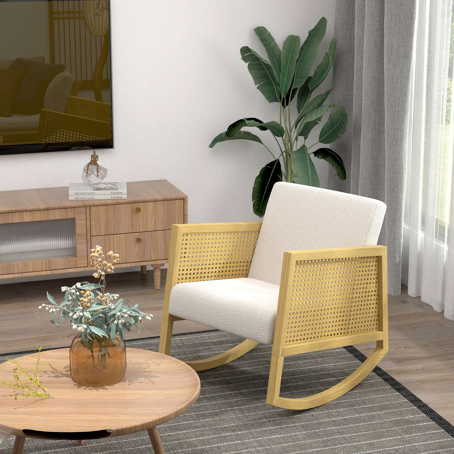 Rocking chair with soft cushions and rattan decor