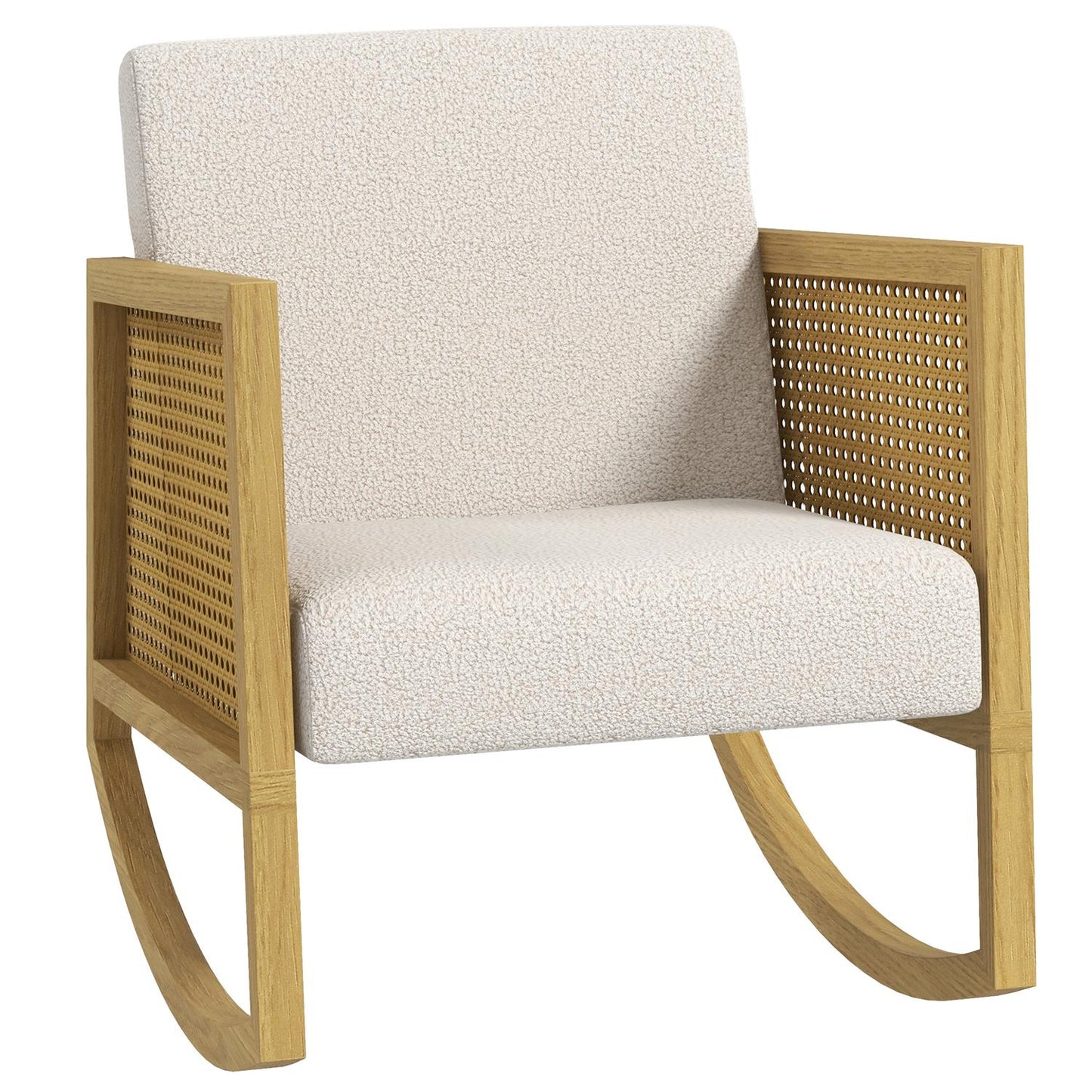 Rocking chair with soft cushions and rattan decor