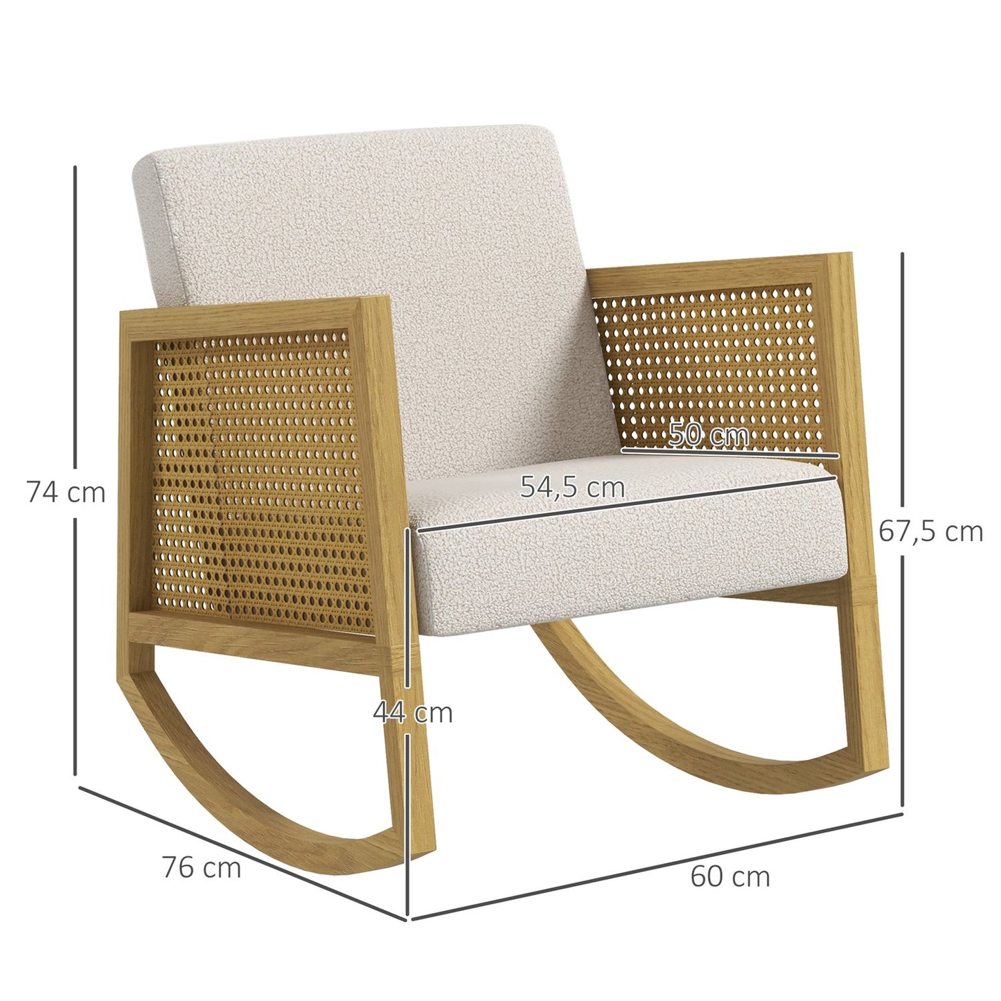 Rocking chair with soft cushions and rattan decor