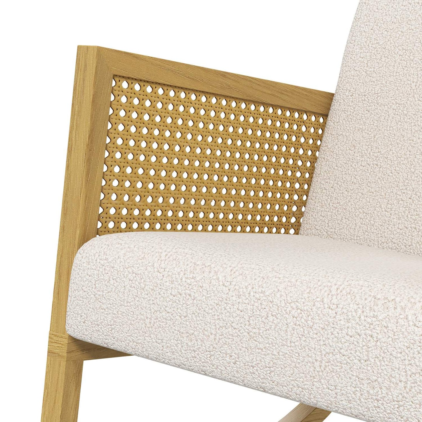 Rocking chair with soft cushions and rattan decor